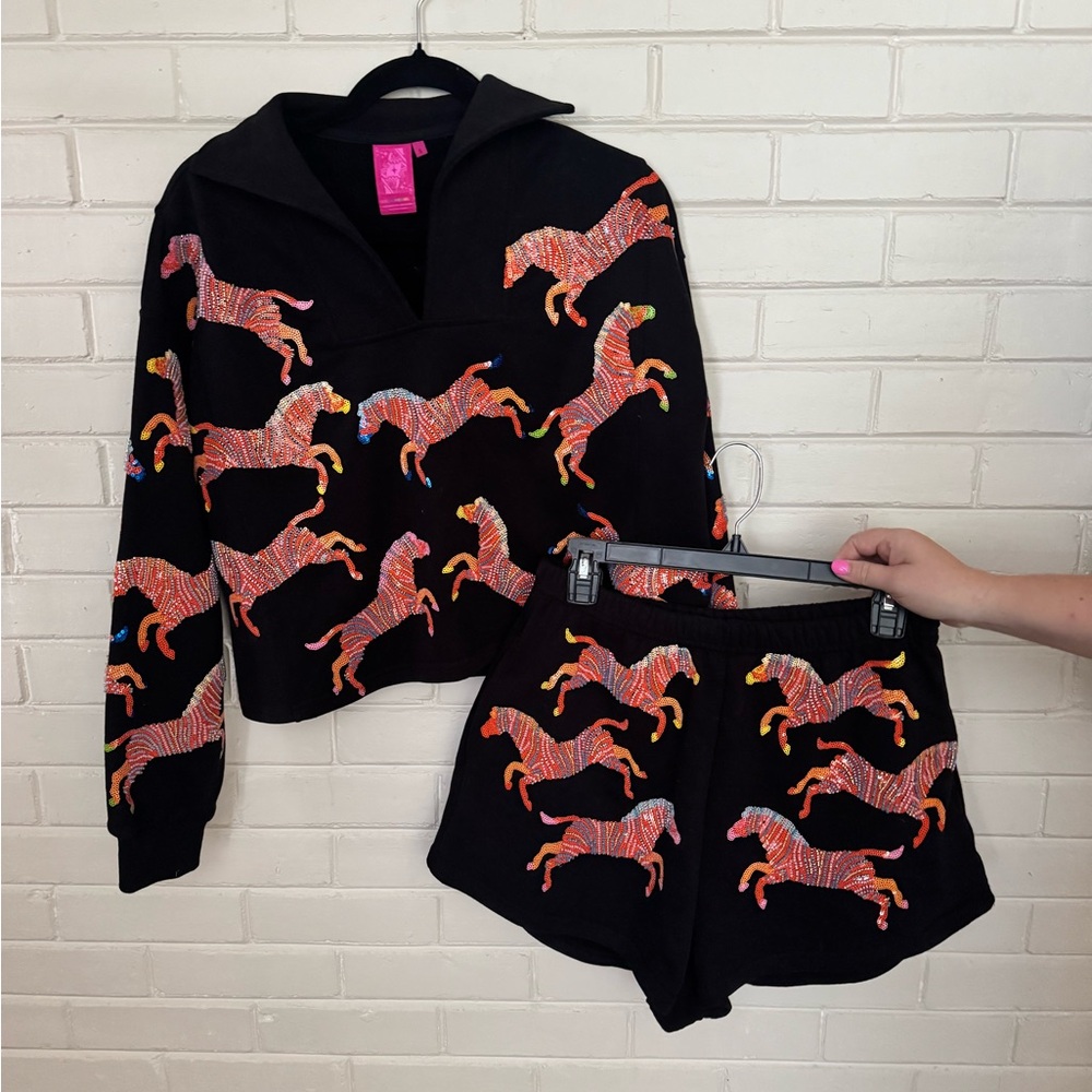 Queen Of Sparkles Black Beaded Zebra Collar Sweatshirt & Short set